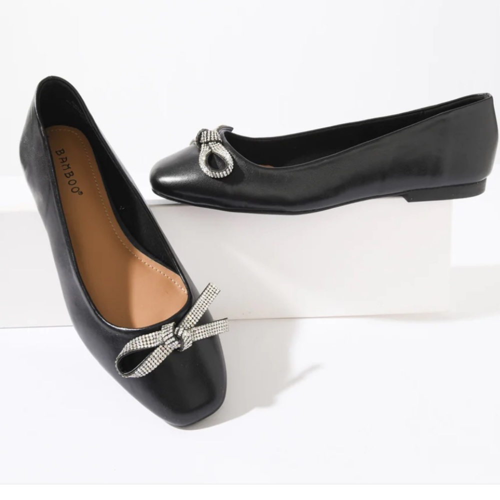 Unique Vintage Bamboo Black & Silver Rhinestone Bow Ballerina Flats